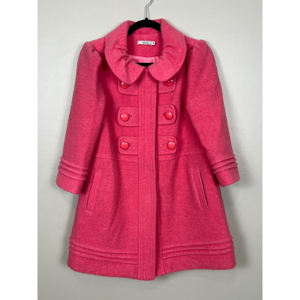 Jade Melody Tam Pink Wool Blend Ruffle Collar Bow Back Pea Coat Womens Medium